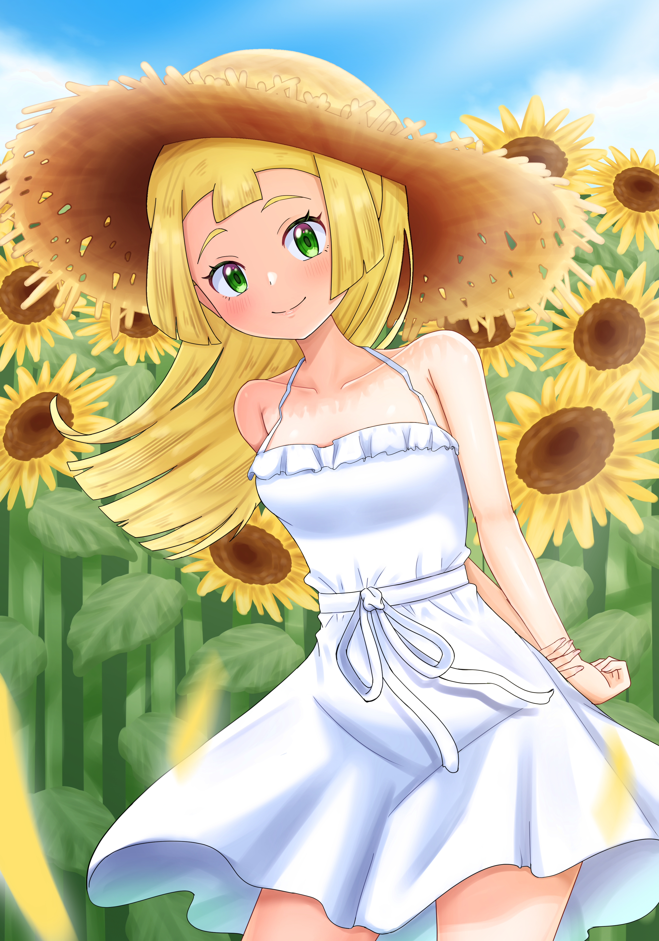 maho (corotonton5150), lillie (pokemon), nintendo, pokemon, pokemon sm, absurdres, commentary request, highres, 1girl, alternate costume, blonde hair, closed mouth, cloud, collarbone, day, dress, eyelashes, flower, green eyes, happy, hat, long hair, looking at viewer, outdoors, sky, sleeveless, sleeveless dress, smile, solo, straw hat, sun hat, sunflower, white dress