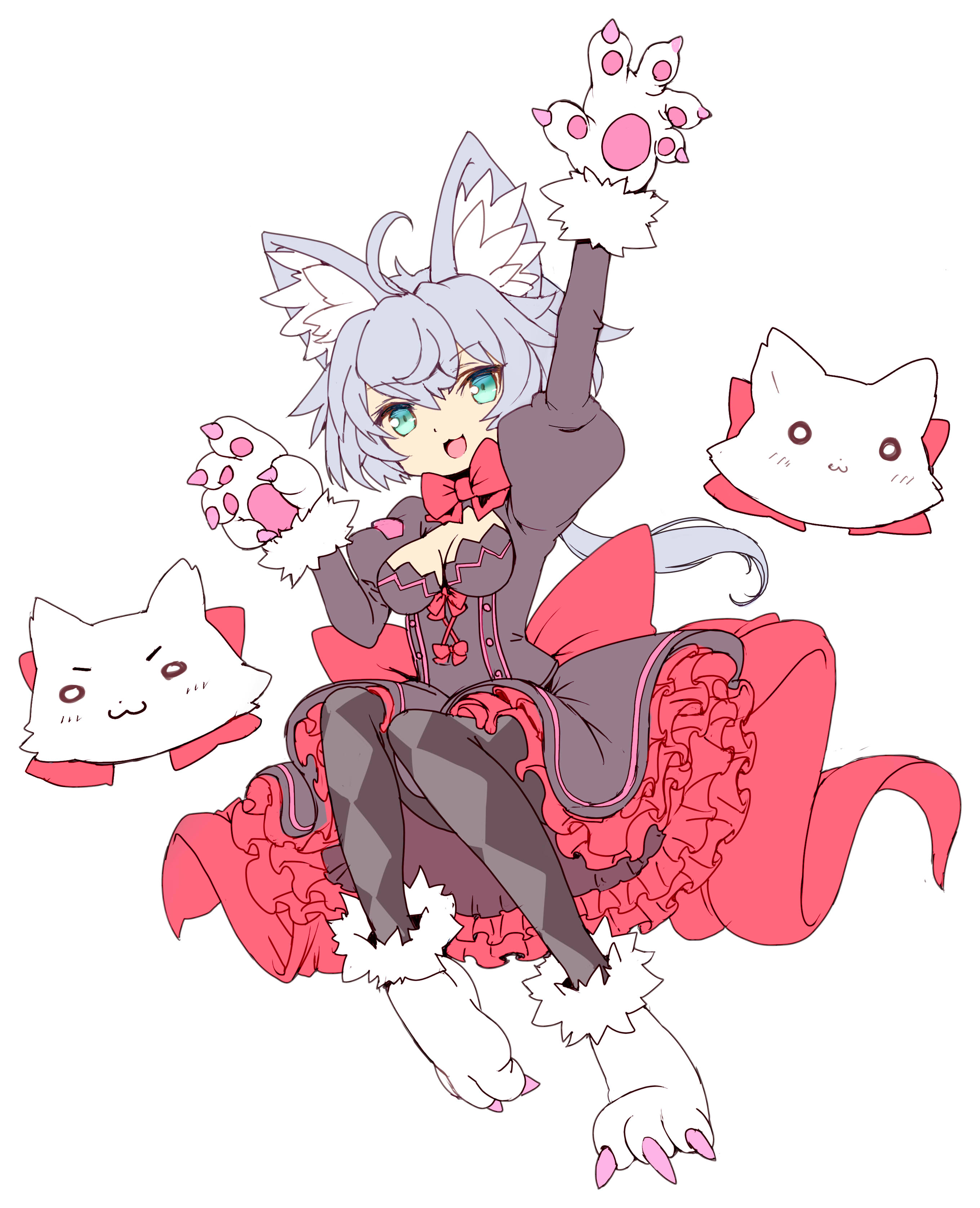 ajitarou (setsu), emil chronicle online, absurdres, highres, ahoge, animal ears, animal hands, black dress, blue eyes, breasts, cerberus (eco), cleavage, cleavage cutout, clothing cutout, dog ears, dress, familiar, frilled dress, frills, gloves, grey thighhighs, large breasts, neck ribbon, open mouth, paw gloves, paw shoes, ponytail, red dress, red ribbon, ribbon, thighhighs, two-tone dress, two-tone thighhighs, white background, white hair