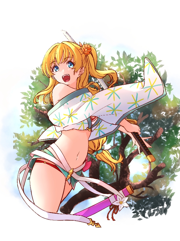 niwaikanai, mirin (granblue fantasy), granblue fantasy, 1girl, bare shoulders, blonde hair, blue eyes, breasts, cleavage, flower, hair flower, hair ornament, japanese clothes, katana, kimono, long hair, looking at viewer, medium breasts, navel, off shoulder, open mouth, sheath, smile, solo, sword, thighs, tree, weapon, white kimono, wide sleeves