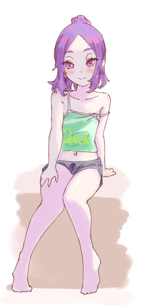 niwaikanai, wu zetian (fate), fate/grand order, fate (series), 1girl, bare shoulders, barefoot, blush, breasts, camisole, earrings, forehead, full body, green camisole, grey shorts, jewelry, long hair, looking at viewer, navel, parted bangs, ponytail, purple eyes, purple hair, short shorts, shorts, sidelocks, sitting, small breasts, smile, solo
