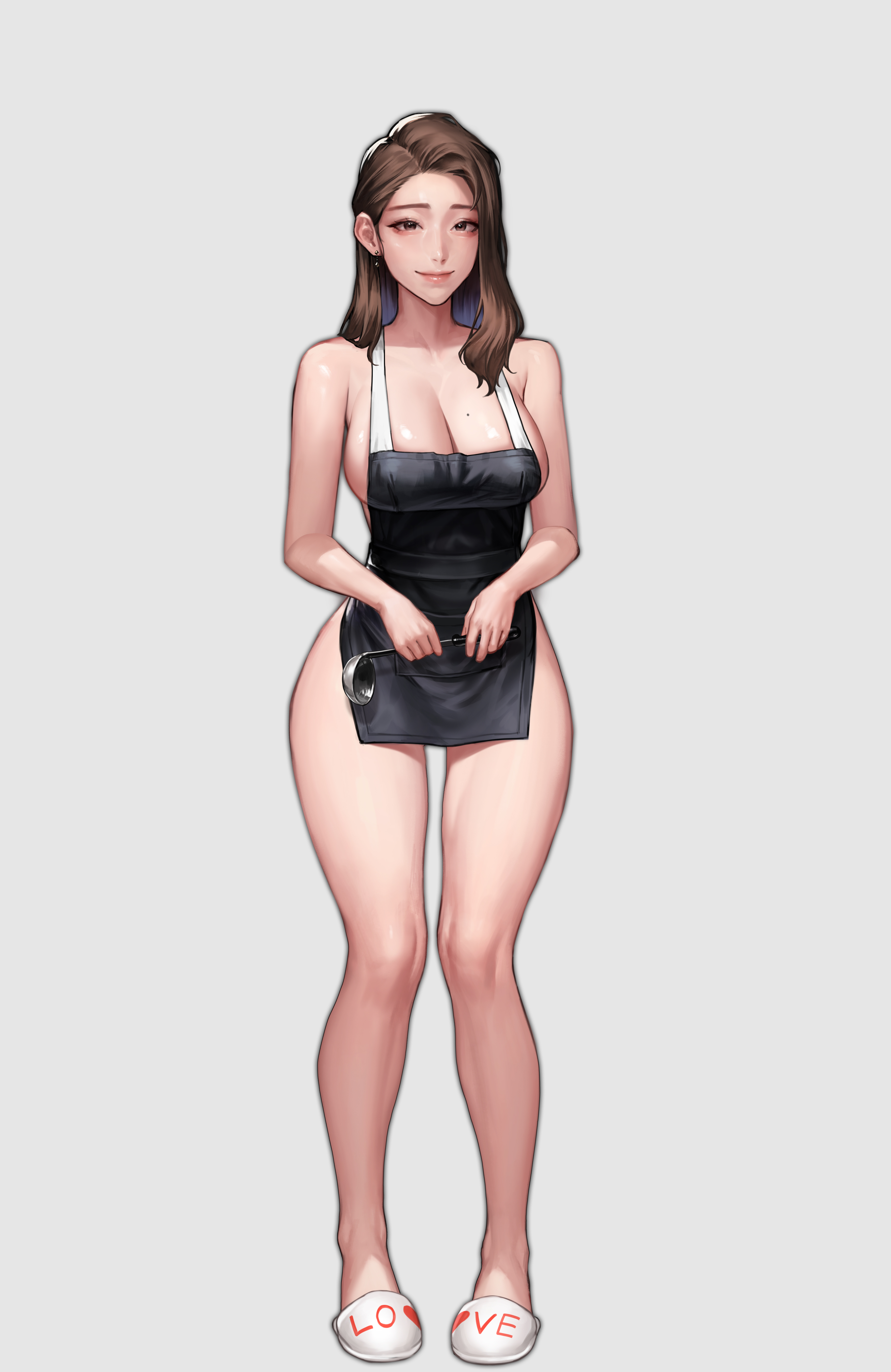 kidmo, absurdres, highres, apron, black eyes, brown hair, looking at viewer, naked apron, simple background, white background