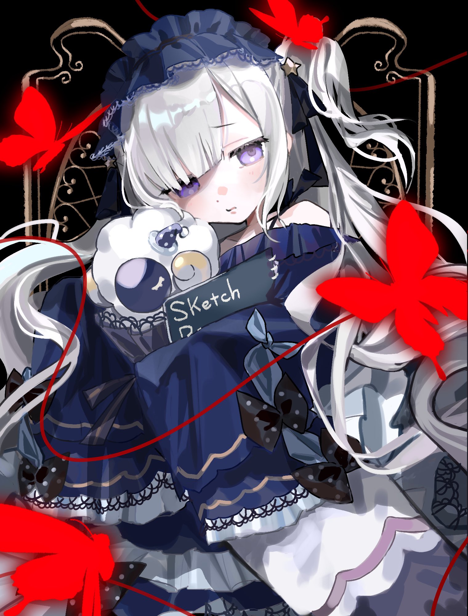 natsume anan, mahou shoujo no majo saiban, commentary request, highres, 1girl, black background, black bow, black ribbon, blue dress, blue hairband, blunt bangs, bow, bug, butterfly, closed mouth, cowboy shot, crescent, crescent necklace, dress, frilled dress, frills, gothic lolita, grey hair, hair over one eye, hairband, holding, holding sketchbook, insect, jewelry, lolita fashion, lolita hairband, long hair, long sleeves, looking at viewer, magical girl, neck ribbon, necklace, polka dot, polka dot bow, pon (02gr p), purple eyes, red butterfly, ribbon, sketchbook, sleeves past fingers, sleeves past wrists, solo, standing, star (symbol), stuffed animal, stuffed sheep, stuffed toy, very long hair