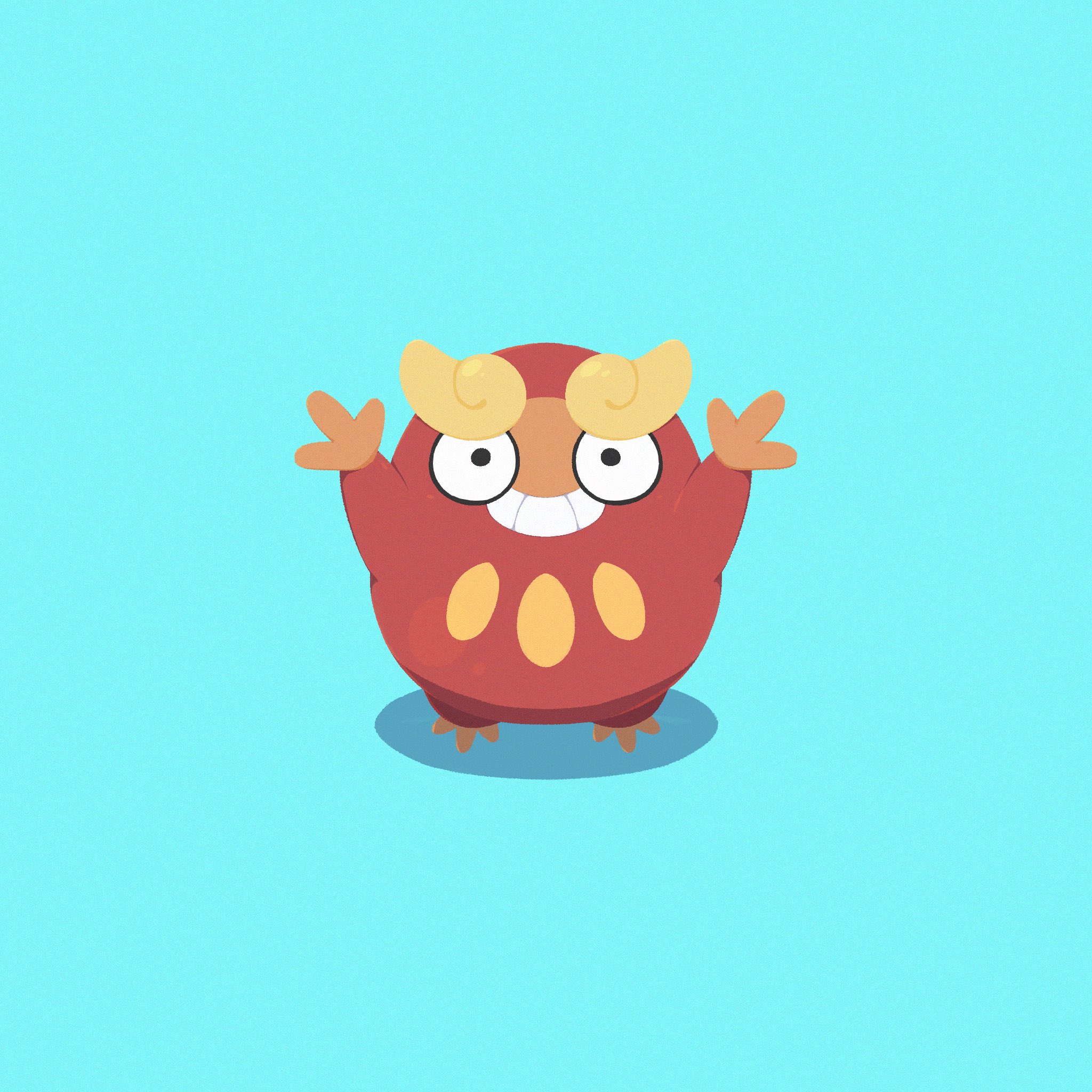 afuron, darumaka, nintendo, pokemon, commentary request, highres, arms up, black eyes, blue background, full body, gen 5 pokemon, grin, happy, looking at viewer, no humans, pokemon (creature), pokemon focus, smile, solo, standing, teeth
