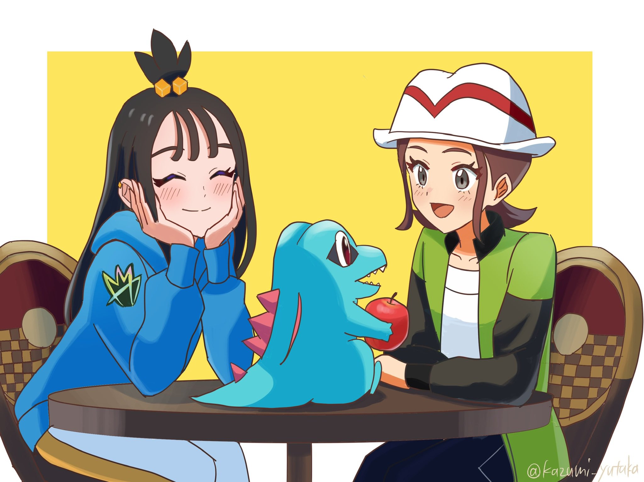 kazumi yutaka, harmony (pokemon), lida (pokemon), totodile, nintendo, pokemon, pokemon legends: z-a, highres, 2girls, black hair, blue hoodie, cube hair ornament, denim, earclip, food, fruit, gen 2 pokemon, green jacket, hair ornament, hand on own chin, hat, holding, holding food, holding fruit, hood, hoodie, jacket, jeans, multiple girls, pants, shirt, striped hat, topknot, two-tone legwear, white hat, white shirt, wispy bangs