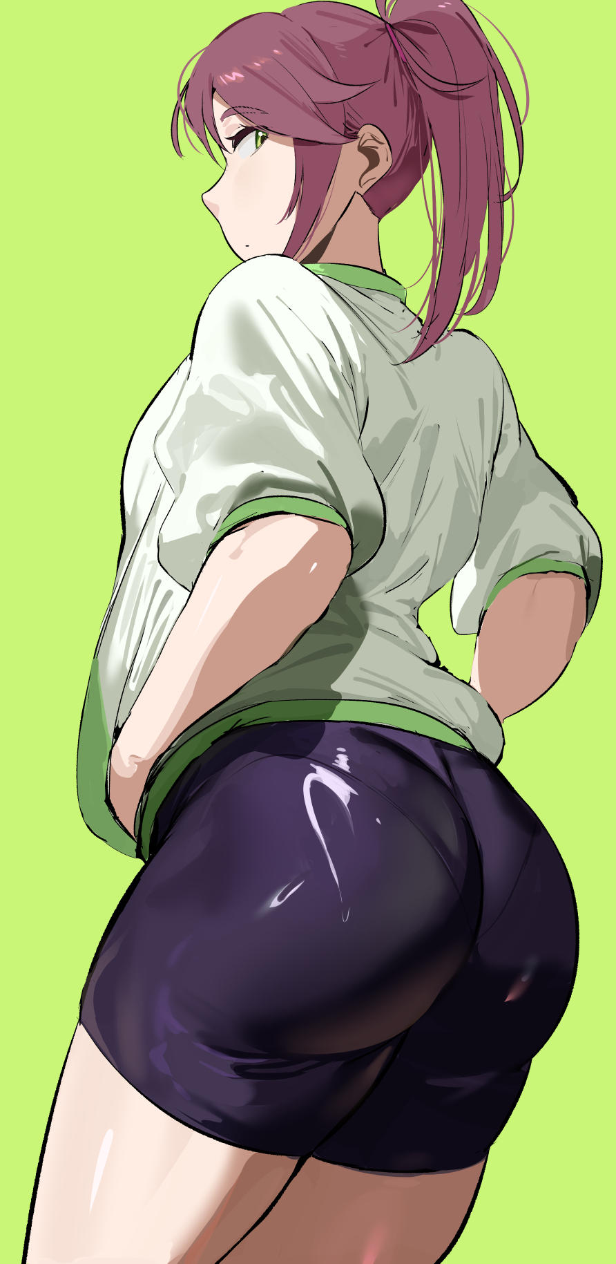 okpriko, goto akira, ikizulive! love live! bluebird, love live!, commentary request, highres, ass, bike shorts, black shorts, brown hair, green background, green eyes, green jacket, jacket, looking at viewer, looking back, medium hair, pantylines, ponytail, shorts, sidelocks, solo, standing