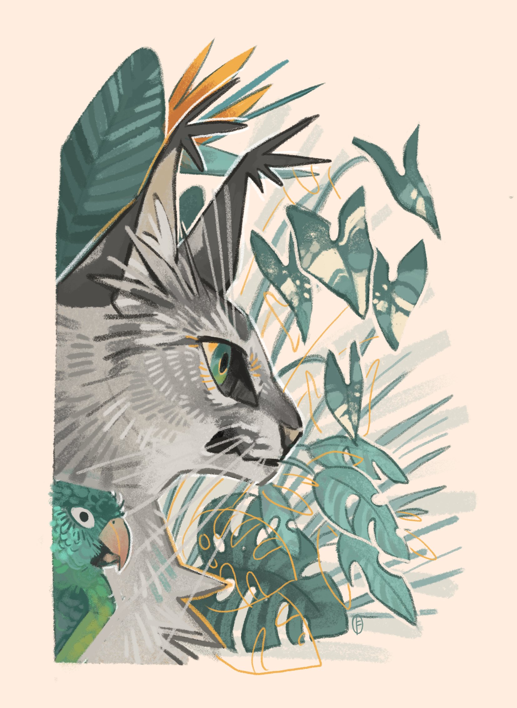 original, commentary, english commentary, highres, animal, animal focus, artist self-insert, bird, cat, ear tufts, finchwing, finchwing (character), from side, green bird, green eyes, grey cat, grey fur, leaf, no humans, parrot, profile, whiskers