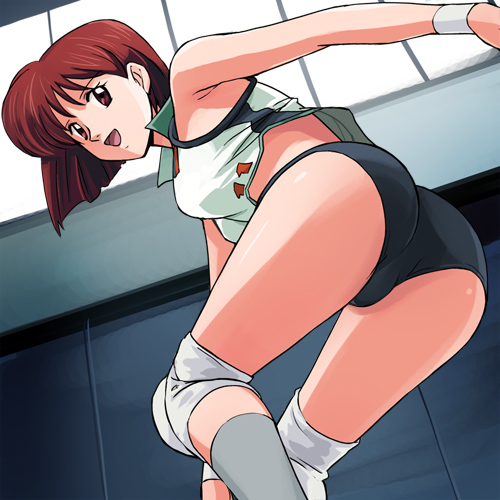 haruyama kazunori, aritaka mizuho, ashita e free kick, ashita he free kick, lowres, 1990s (style), 1girl, armpits, ass, brown eyes, brown hair, buruma, female focus, from below, gym uniform, knee pads, retro artstyle, short hair, solo