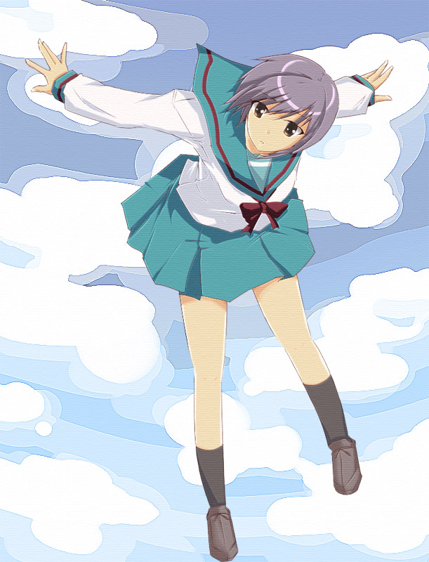 yu (artist), nagato yuki, suzumiya haruhi no yuuutsu, eyebrows, open m/, 00s, 1girl, ||/, blue skirt, bow, cloud, day, female focus, floating, full body, kneehighs, long sleeves, miniskirt, outstretched arms, purple hair, red bow, red ribbon, ribbon, school uniform, serafuku, shoes, short hair, skirt, sky, socks, solo, spread arms, yellow eyes