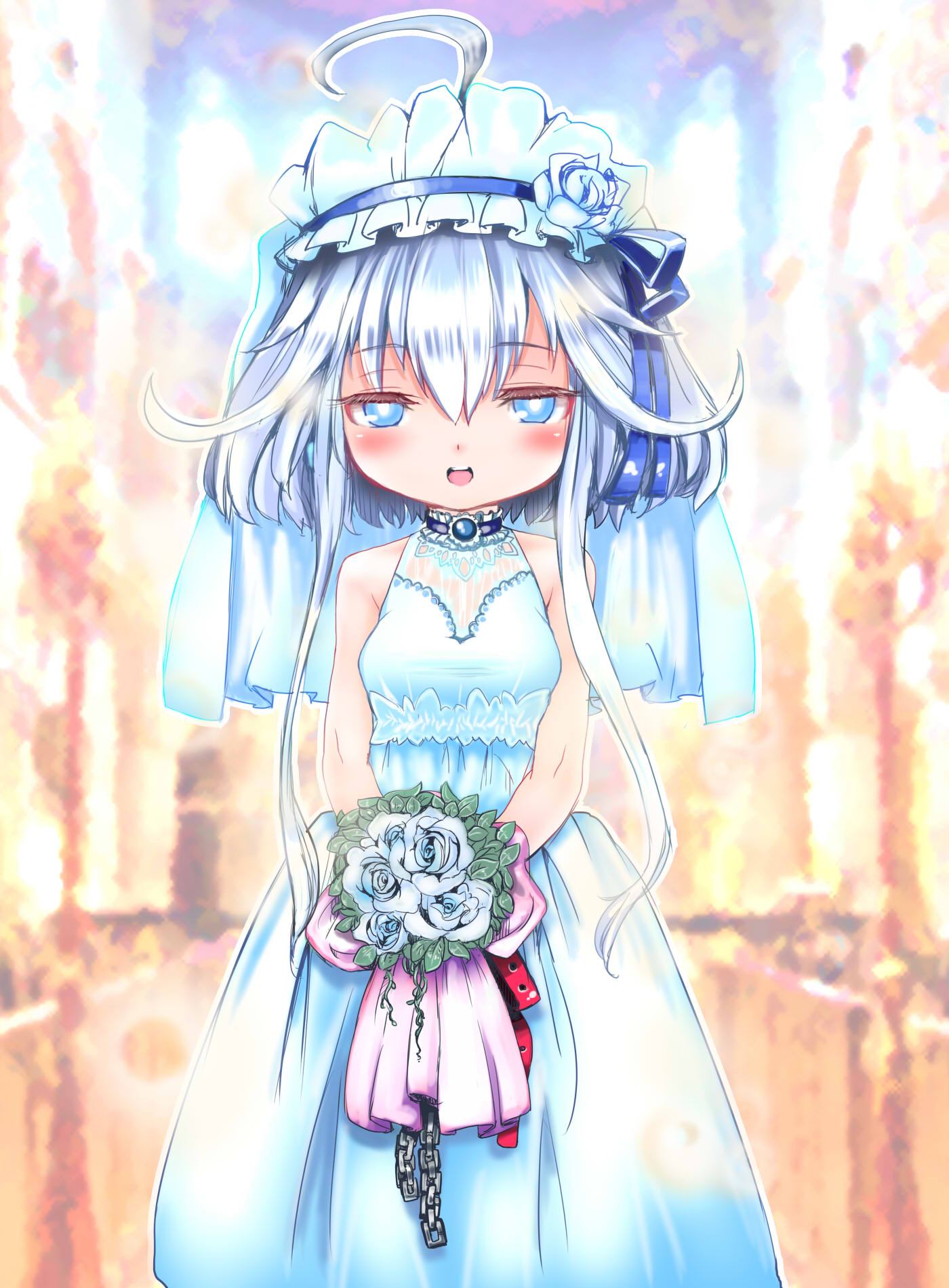 ajitarou (setsu), mitama aria, emil chronicle online, highres, 1girl, ahoge, alternate costume, bare shoulders, bdsm, blue eyes, blue ribbon, blush, bridal veil, chain, collar, cuffs, dress, flower, frilled collar, frilled hairband, frills, hair flower, hair ornament, hair ribbon, hairband, holding, holding flower, long sidelocks, open mouth, ribbon, sidelocks, solo, veil, wedding dress, yandere