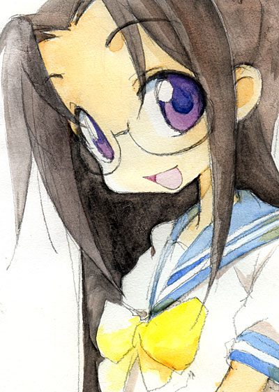 gofu, tamura hiyori, lucky star, 00s, 1girl, black hair, bow, female focus, glasses, long hair, purple eyes, school uniform, serafuku, solo