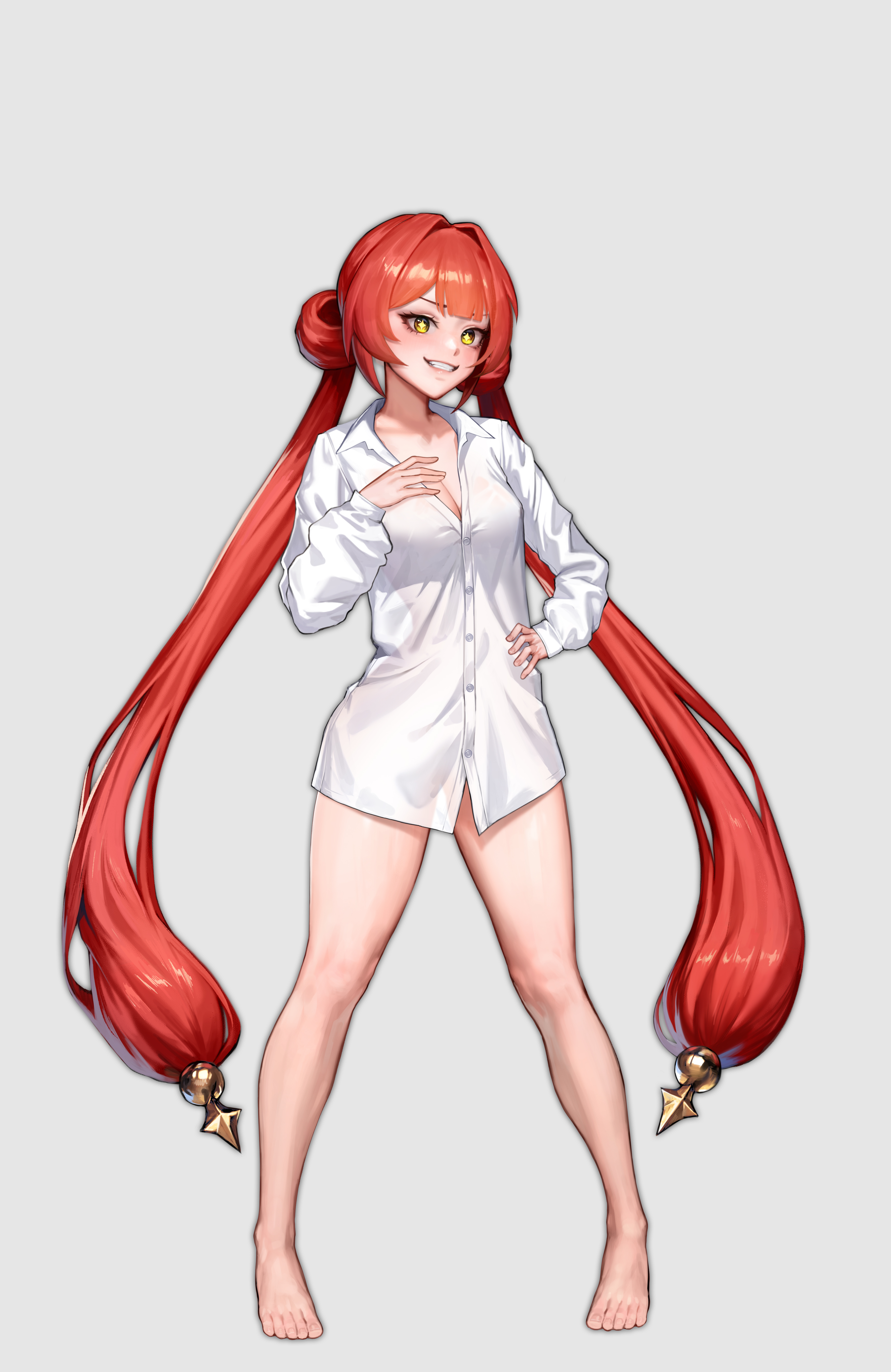 kidmo, absurdres, highres, 1girl, barefoot, bottomless, dress, hand on own chest, hat, looking at viewer, red hair, simple background, white background, yellow eyes