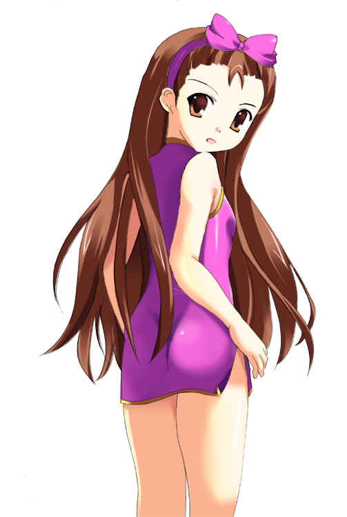 odaya, odayan, minase iori, idolmaster, idolmaster (classic), idolmaster 1, 00s, 1girl, brown eyes, brown hair, china dress, chinese clothes, dress, female focus, long hair, looking back, solo