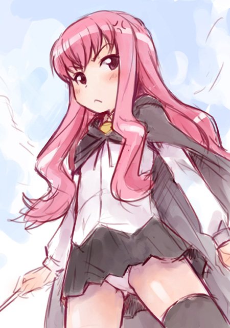 ha-ru, louise francoise le blanc de la valliere, zero no tsukaima, 00s, :<, angry, cape, long hair, panties, pantyshot, pink hair, sketch, solo, thighhighs, underwear, wand, zettai ryouiki