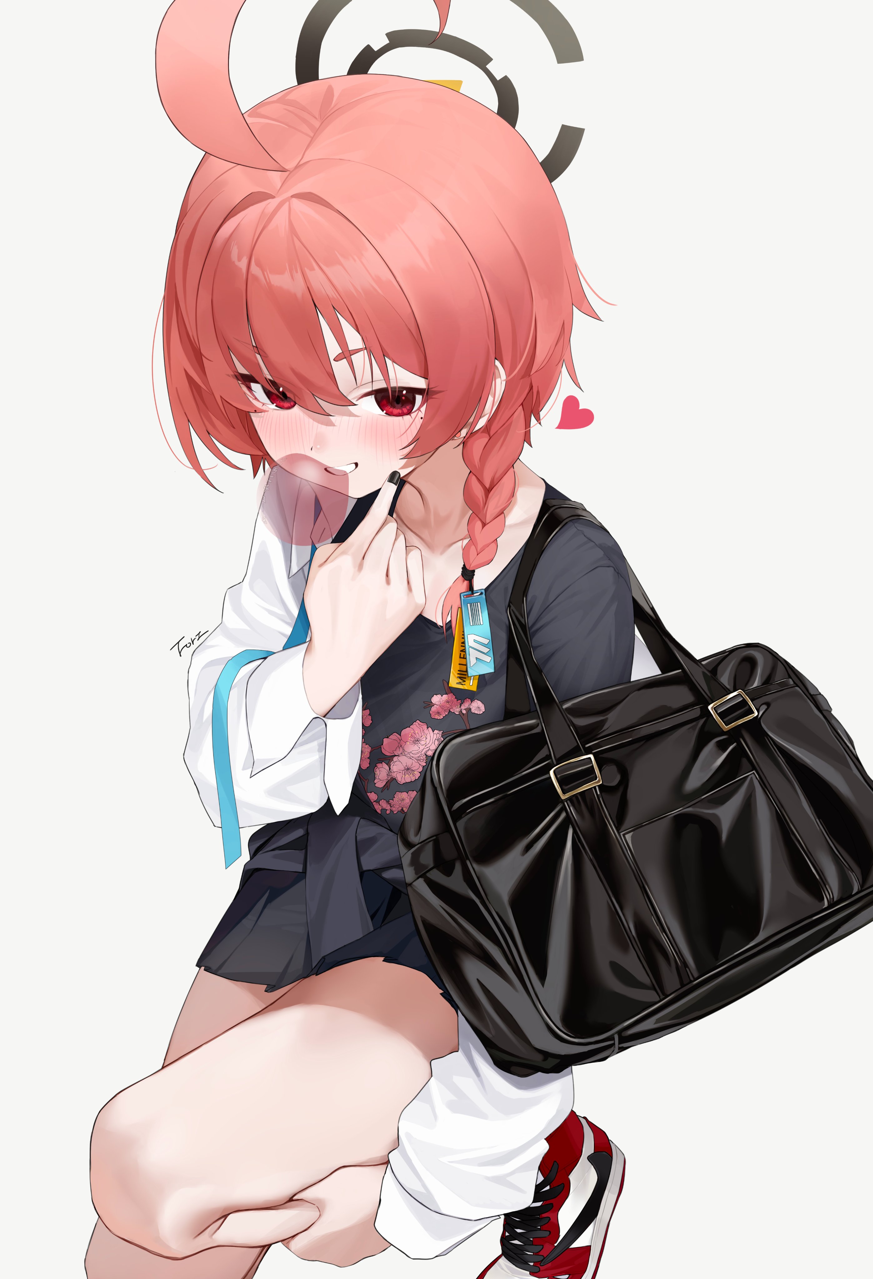 not forever2w, neru (blue archive), neru (school uniform) (blue archive), blue archive, 1girl, ahoge, bag, black nails, black shirt, blowing bubble gum, blush, braid, chewing gum, clothes around waist, floral print, floral print shirt, hair ornament, hair tie, halo, heart, holding own leg, mole, mole under eye, open clothes, open shirt, orange hair, red eyes, school bag, school uniform, shirt, shirt around waist, shoes, short hair, side braid, skirt, sneakers, solo, standing, standing on one leg, t-shirt, unbuttoned, unbuttoned shirt, white background, white shirt