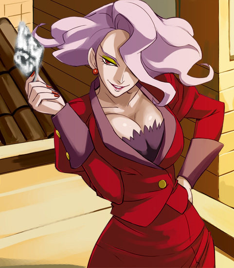 haruyama kazunori, arachnea, arachnea (yes! precure 5), arakunea, precure, yes! precure 5, 00s, 1girl, breasts, breasts squeezed together, cleavage, earrings, female focus, hair over one eye, jewelry, purple hair, red eyes, smile, solo