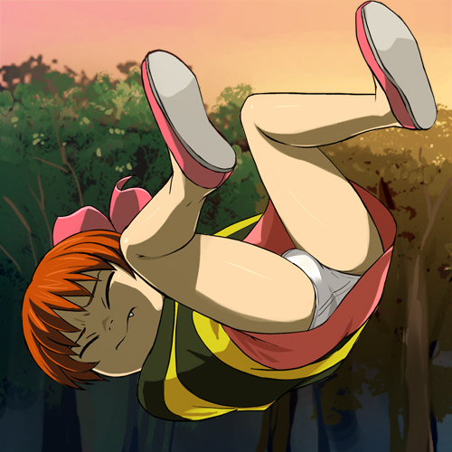 haruyama kazunori, nekomusume, nekomusume (gegege no kitarou 5), gegege no kitarou, gegege no kitarou 5, toei company, lowres, 1girl, bow, chanchanko (clothes), child, closed eyes, falling, fang, fang out, female focus, full body, hair ribbon, outdoors, panties, pantyshot, pink bow, ribbon, solo, underwear