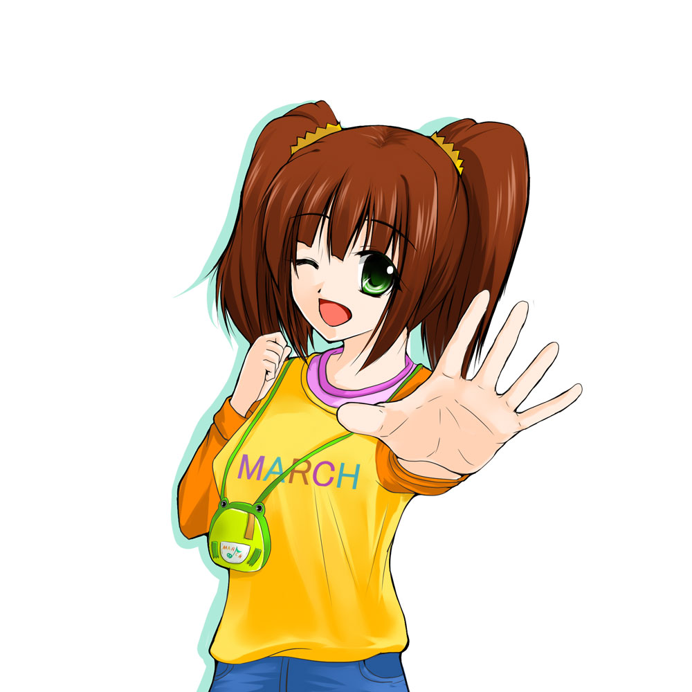 ryuushou, takatsuki yayoi, idolmaster, idolmaster (classic), idolmaster 1, 00s, 1girl, brown hair, female focus, green eyes, one eye closed, open mouth, raglan sleeves, solo, twintails, wink