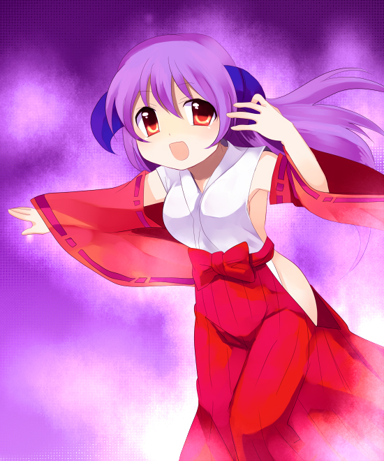 subaru (yachika), hanyuu, higurashi no naku koro ni, 00s, 1girl, :o, armpits, detached sleeves, female focus, hakama, hakama skirt, horns, japanese clothes, kimono, long sleeves, looking at viewer, miko, nontraditional miko, open mouth, ponytail, purple hair, red eyes, red hakama, skirt, sleeveless, sleeveless kimono, solo, wide sleeves
