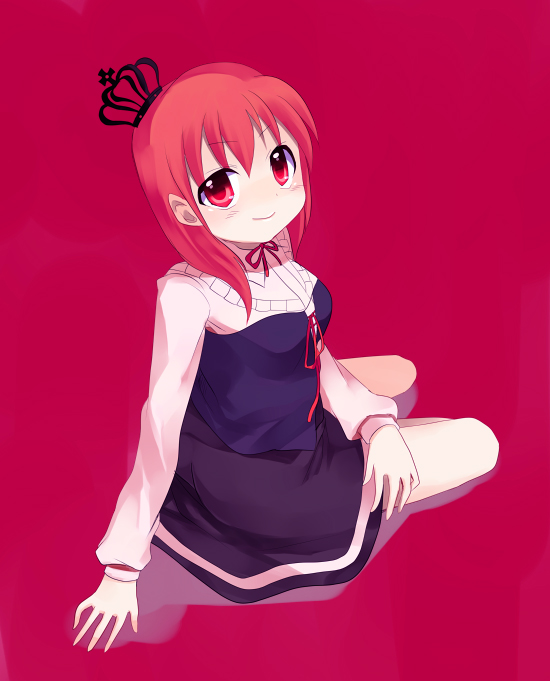 subaru (yachika), ushiromiya maria, umineko no naku koro ni, 00s, 1girl, blue dress, blush, breasts, closed mouth, crown, dress, female focus, full moon, large breasts, long sleeves, moon, red background, red eyes, red hair, short hair, simple background, sitting, smile, solo, yokozuwari