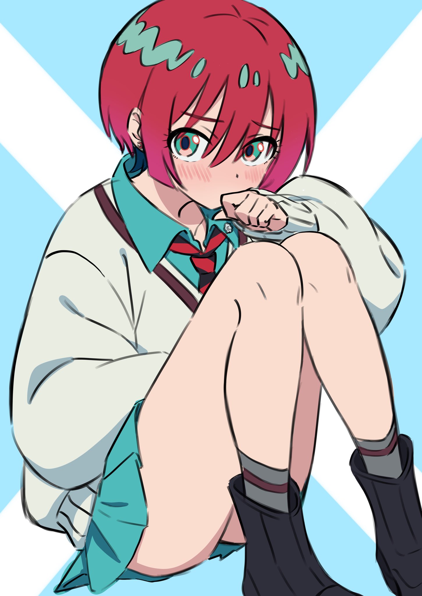 kousuke0912, amate yuzuriha, gundam, gundam gquuuuuux, commentary request, highres, 1girl, aqua eyes, aqua shirt, aqua skirt, black boots, boots, collarbone, diagonal-striped clothes, diagonal-striped necktie, full body, looking at viewer, necktie, red hair, school uniform, shirt, short hair, skirt, solo, striped clothes, sweater, thighs, white sweater