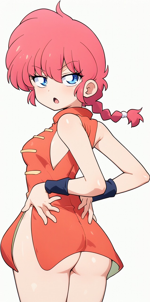 odochi (1or8), ranma-chan, saotome ranma, ranma 1/2, commentary, highres, 1girl, ass, blue eyes, blush, bottomless, braid, braided ponytail, breasts, chinese clothes, hands on own hips, large breasts, long hair, looking at viewer, medium breasts, open mouth, red hair, simple background, single braid, solo, tangzhuang, white background, wristband