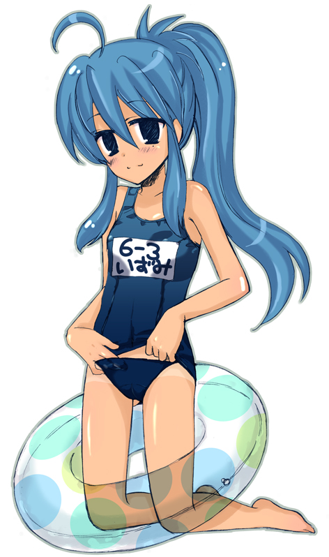 yunico, izumi konata, lucky star, 00s, 1girl, ahoge, blue eyes, blue hair, cameltoe, female focus, innertube, kneeling, matching hair/eyes, name tag, one-piece swimsuit, ponytail, school swimsuit, school swimsuit flap, simple background, solo, swim ring, swimsuit, white background