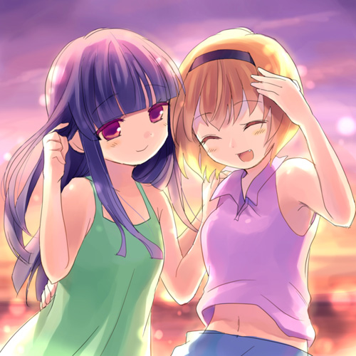hamamo, furude rika, houjou satoko, higurashi no naku koro ni, lowres, 00s, blonde hair, fang, long hair, red eyes, short hair