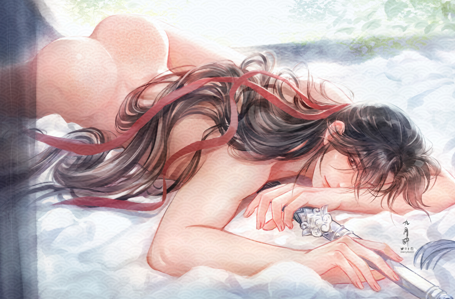 wxym0910, wei wuxian, wei wuxian (yiling laozu), modao zushi, chinese commentary, 1boy, artist name, ass, bed sheet, bichen sword, black hair, blush, borrowed weapon, closed mouth, completely nude, curtains, hair down, hair ribbon, half updo, holding, holding sword, holding weapon, implied yaoi, long hair, looking at viewer, lying, male focus, nude, official alternate hairstyle, on bed, on stomach, red eyes, red ribbon, ribbon, sheath, sheathed, solo, sweat, sword, sword tassel, tassel, very long hair, watermark, watermark grid, weapon, window