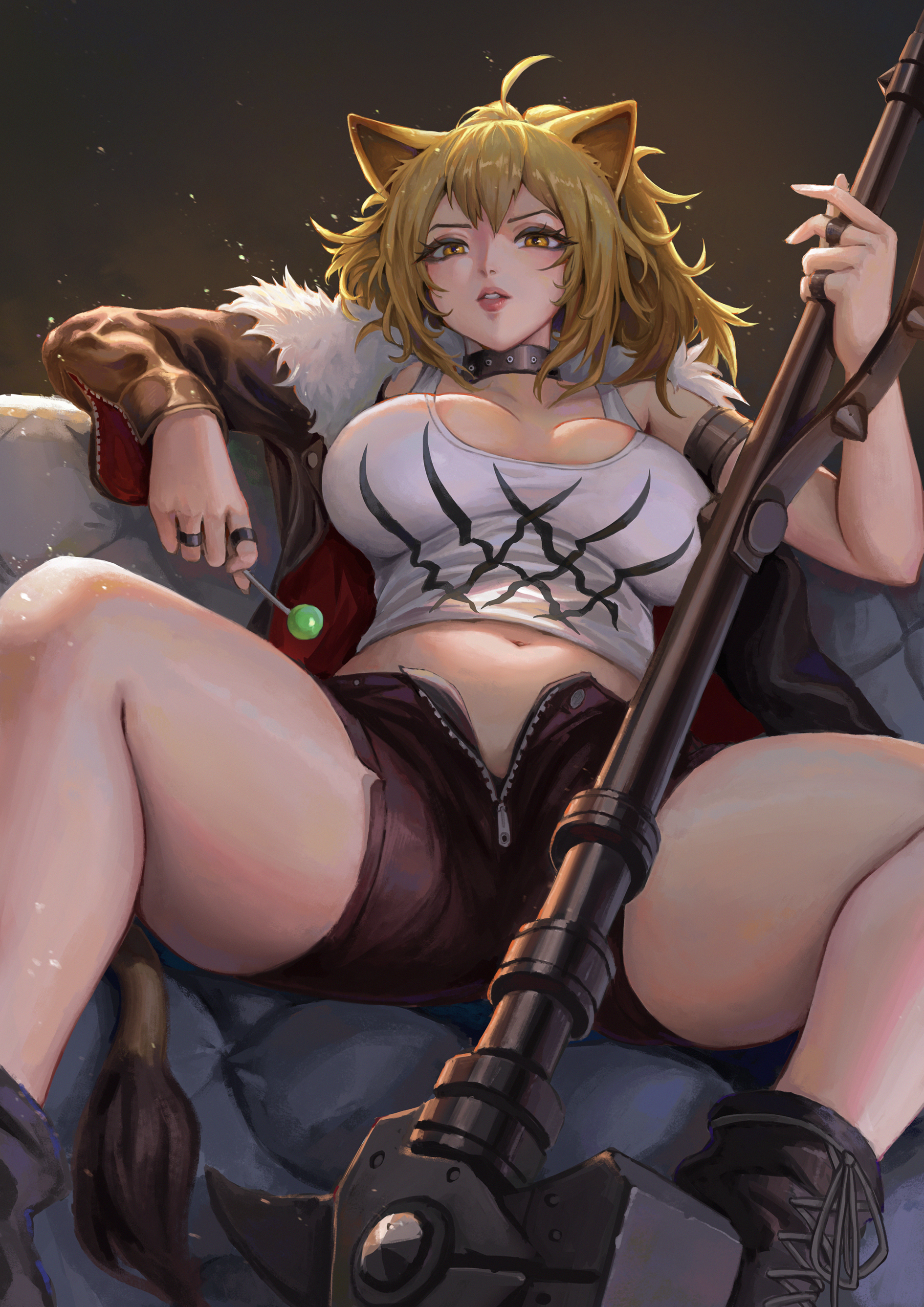 hui z jie, siege (arknights), arknights, absurdres, highres, 1girl, animal ears, black boots, blonde hair, boots, breasts, candy, cleavage, food, fur-trimmed jacket, fur trim, hair between eyes, holding, holding candy, holding food, holding lollipop, jacket, large breasts, leather, leather jacket, lion ears, lion girl, lion tail, lollipop, long hair, long sleeves, looking at viewer, open clothes, open jacket, red shorts, shorts, solo, studded choker, tail, tank top, white tank top, yellow eyes