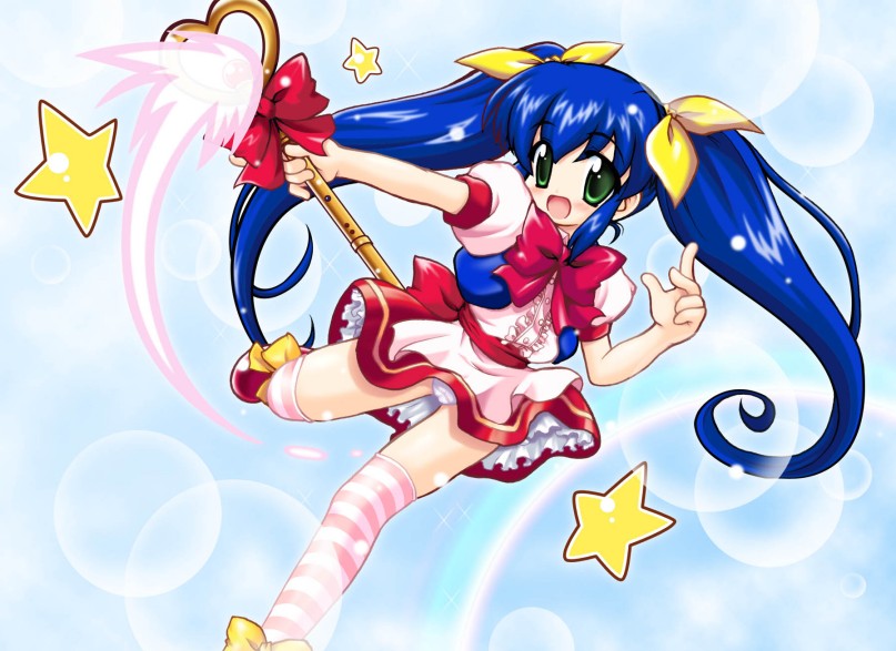 chirorian, striped legwear, blue hair, bow, green eyes, hair ribbon, long hair, panties, ribbon, staff, thighhighs, twintails, underwear, upskirt
