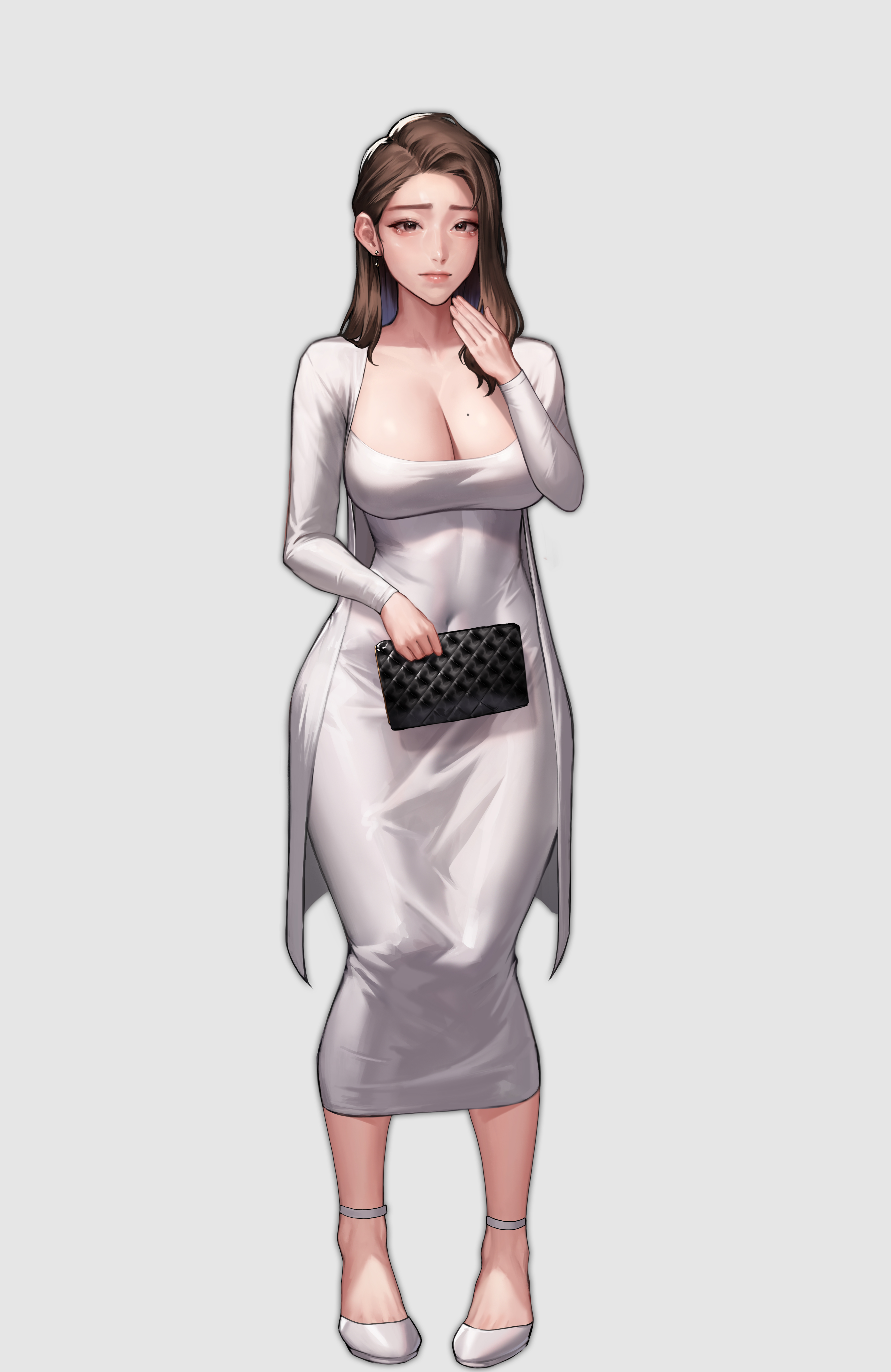 kidmo, absurdres, highres, black eyes, brown hair, dress, looking at viewer, simple background, white background, white dress