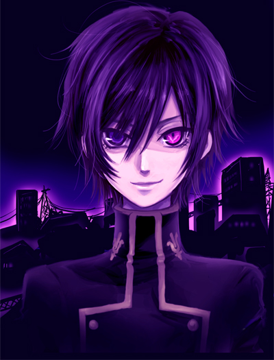 lelouch vi britannia, code geass, 00s, 1boy, double-breasted, hair between eyes, heterochromia, looking at viewer, male focus, power lines, purple eyes, solo, turtleneck