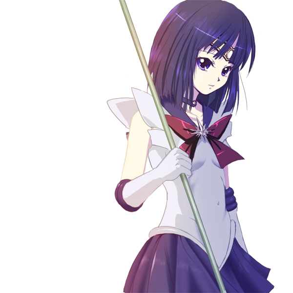 sailor saturn, tomoe hotaru, bishoujo senshi sailor moon, 1990s (style), 1girl, choker, elbow gloves, female focus, gloves, matching hair/eyes, polearm, purple eyes, purple hair, retro artstyle, school uniform, serafuku, simple background, solo, weapon, white background
