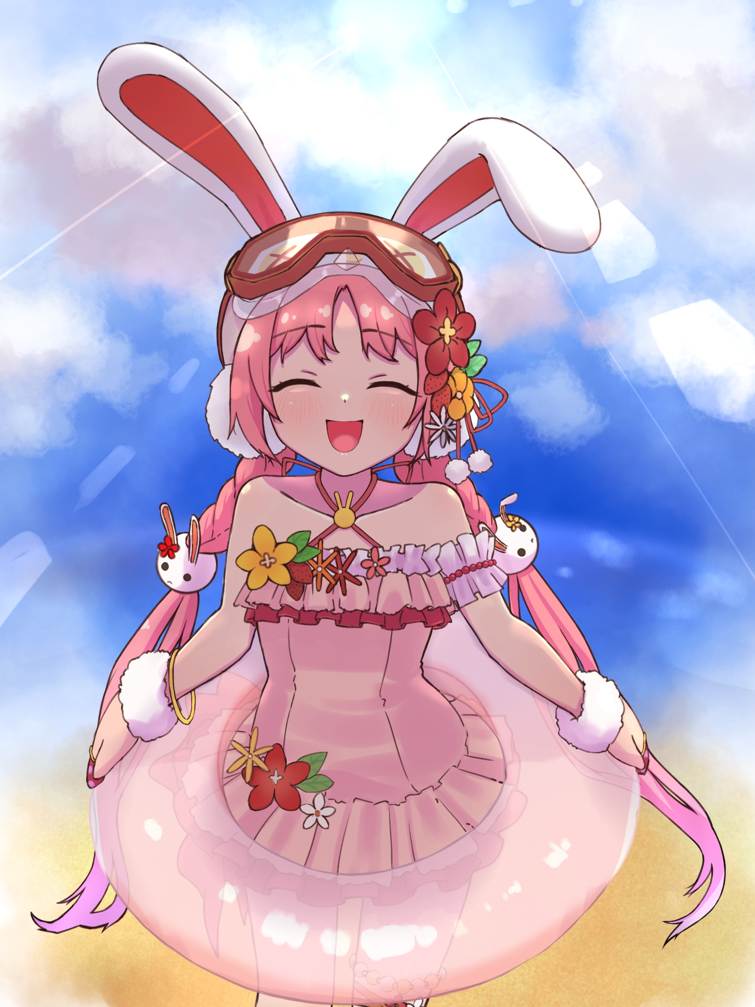 niwaikanai, mimi (princess connect!), mimi (summer) (princess connect!), princess connect!, highres, 1girl, animal hat, bare shoulders, blush, breasts, closed eyes, collarbone, dress swimsuit, flower, goggles, goggles on head, hair flower, hair ornament, hat, innertube, long hair, low twintails, one-piece swimsuit, open mouth, pink hair, pink one-piece swimsuit, rabbit hat, small breasts, smile, solo, swim ring, swimsuit, twintails
