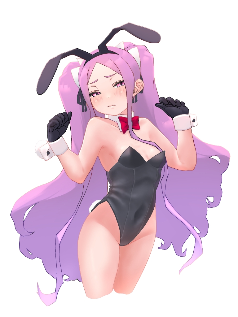 niwaikanai, wu zetian (fate), fate/grand order, fate (series), 1girl, animal ears, bare shoulders, black gloves, black leotard, blush, bow, bowtie, breasts, covered navel, detached collar, fake animal ears, forehead, gloves, highleg, highleg leotard, leotard, long hair, looking at viewer, parted bangs, playboy bunny, purple eyes, purple hair, rabbit ears, sidelocks, small breasts, solo, thighs, twintails, very long hair, wrist cuffs