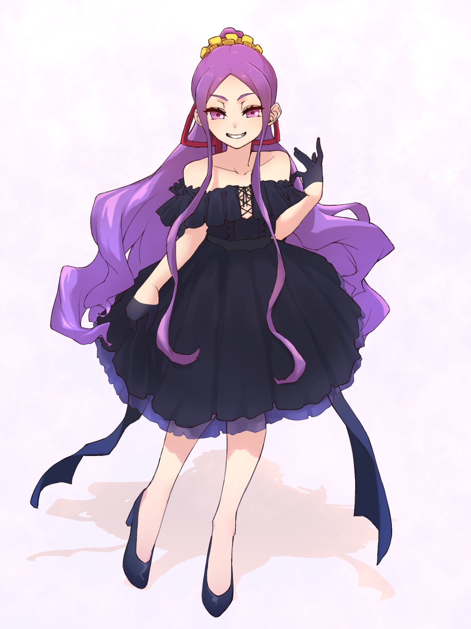 niwaikanai, wu zetian (fate), fate/grand order, fate (series), highres, 1girl, black dress, black gloves, breasts, dress, forehead, full body, gloves, grin, hair ornament, hair ribbon, hair scrunchie, high heels, long hair, looking at viewer, off shoulder, parted bangs, ponytail, purple eyes, purple hair, ribbon, scrunchie, sidelocks, small breasts, smile, solo, very long hair, yellow scrunchie
