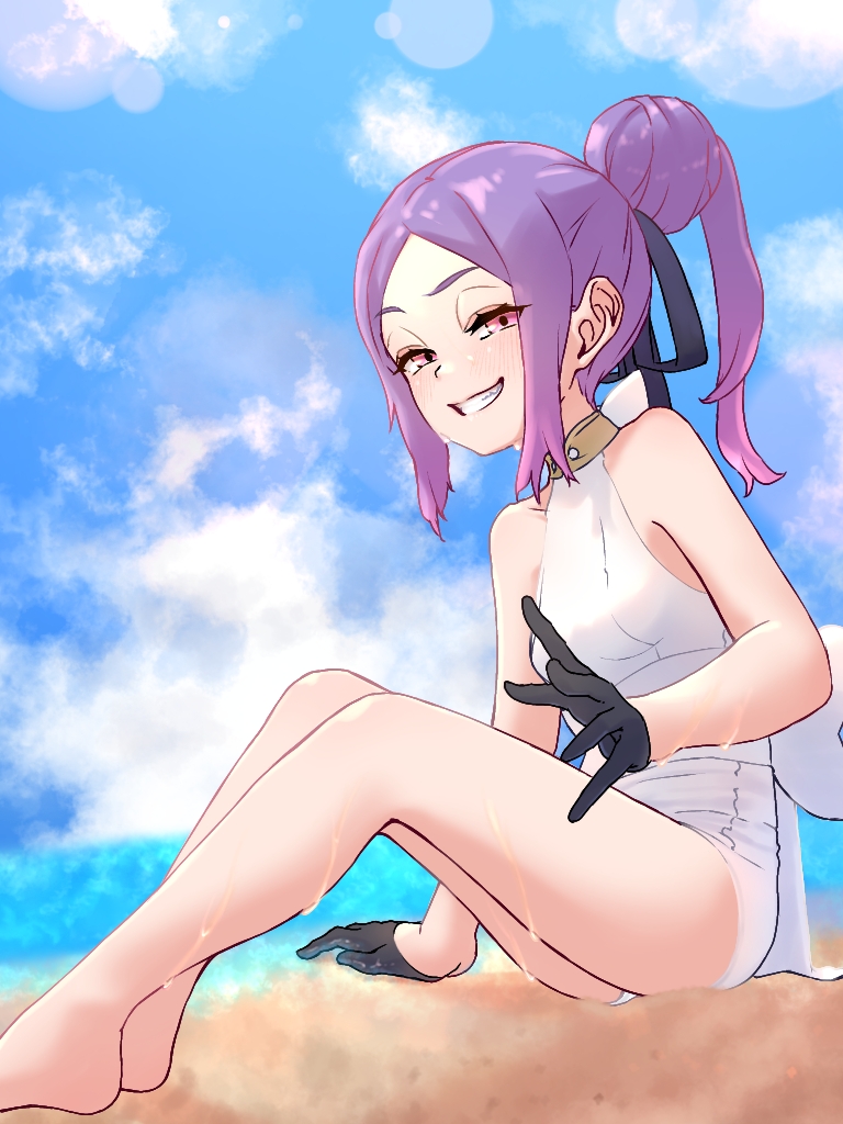 niwaikanai, wu zetian (fate), fate/grand order, fate (series), 1girl, beach, black gloves, blue sky, blush, breasts, forehead, gloves, grin, hair bun, hair ribbon, long hair, looking at viewer, one-piece swimsuit, parted bangs, ponytail, purple eyes, purple hair, ribbon, sidelocks, sitting, sky, small breasts, smile, solo, swimsuit, thighs, white one-piece swimsuit