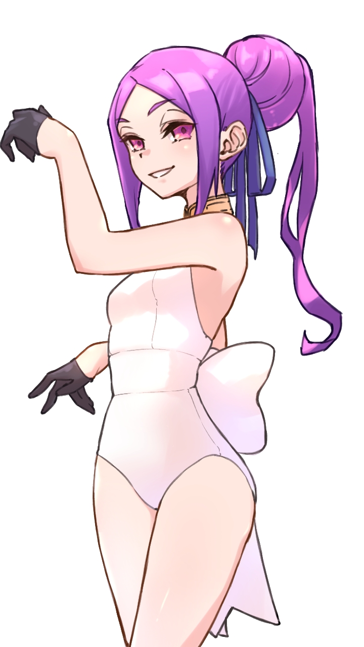niwaikanai, wu zetian (fate), fate/grand order, fate (series), highres, 1girl, black gloves, blush, breasts, forehead, gloves, grin, hair bun, hair ribbon, long hair, looking at viewer, one-piece swimsuit, parted bangs, ponytail, purple eyes, purple hair, ribbon, sidelocks, small breasts, smile, solo, swimsuit, thighs, white background, white one-piece swimsuit
