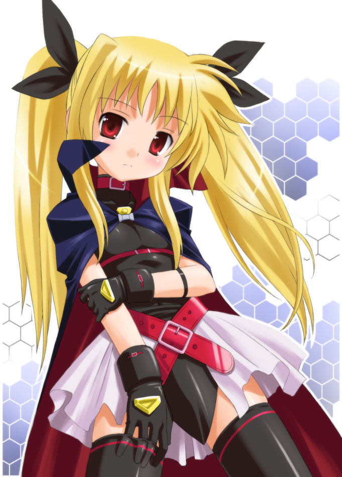 umekichi, fate testarossa, lyrical nanoha, mahou shoujo lyrical nanoha, 00s, 1girl, belt, black thighhighs, blonde hair, blush, female focus, flat chest, gloves, hair ribbon, long hair, red eyes, ribbon, skirt, solo, thighhighs, turtleneck, twintails