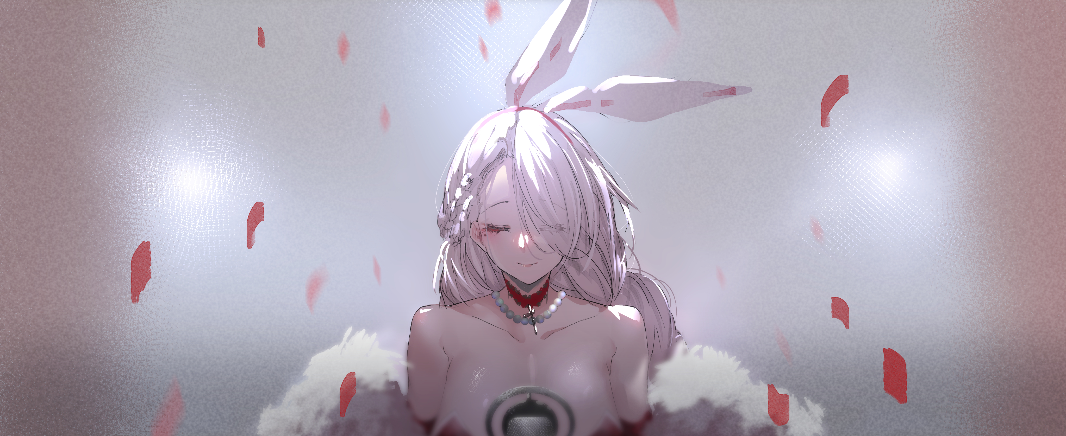 akiha (attract), prinz heinrich (azur lane), prinz heinrich (heinrich on stage) (azur lane), azur lane, absurdres, highres, 1girl, animal ears, bare shoulders, breasts, choker, cleavage, closed eyes, confetti, dress, earrings, evening gown, eyes visible through hair, facing viewer, fake animal ears, feather boa, grey background, jewelry, large breasts, microphone, mole, mole under eye, necklace, official alternate costume, pearl necklace, red choker, red dress, simple background, solo, vintage microphone, white hair