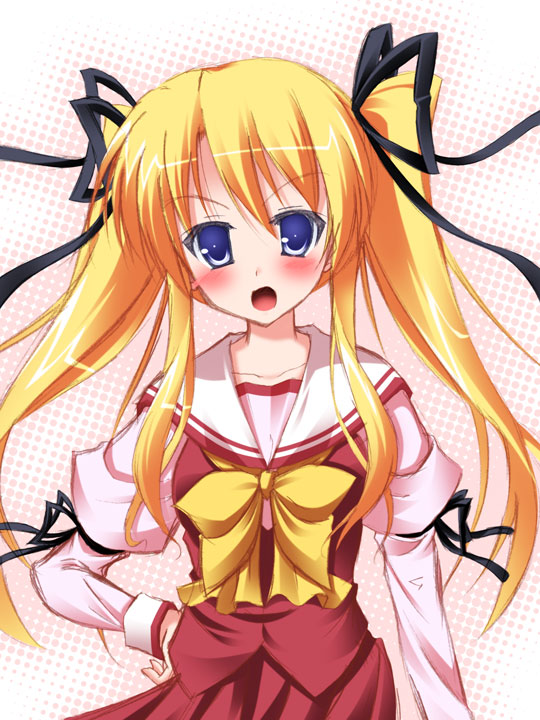 yoshiharu, original, 1girl, :o, blonde hair, blue eyes, bow, bowtie, female focus, hand on own hip, juliet sleeves, long hair, long sleeves, looking at viewer, open mouth, polka dot, polka dot background, puffy long sleeves, puffy sleeves, sailor collar, school uniform, serafuku, solo, twintails, very long hair, yellow bow, yellow bowtie