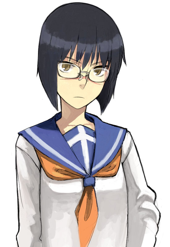 yu 65026, tsumura tokiko, busou renkin, 00s, 1girl, black-framed eyewear, black hair, blue sailor collar, bob cut, collarbone, female focus, glasses, looking at viewer, nose, sailor collar, scar, school uniform, serafuku, solo