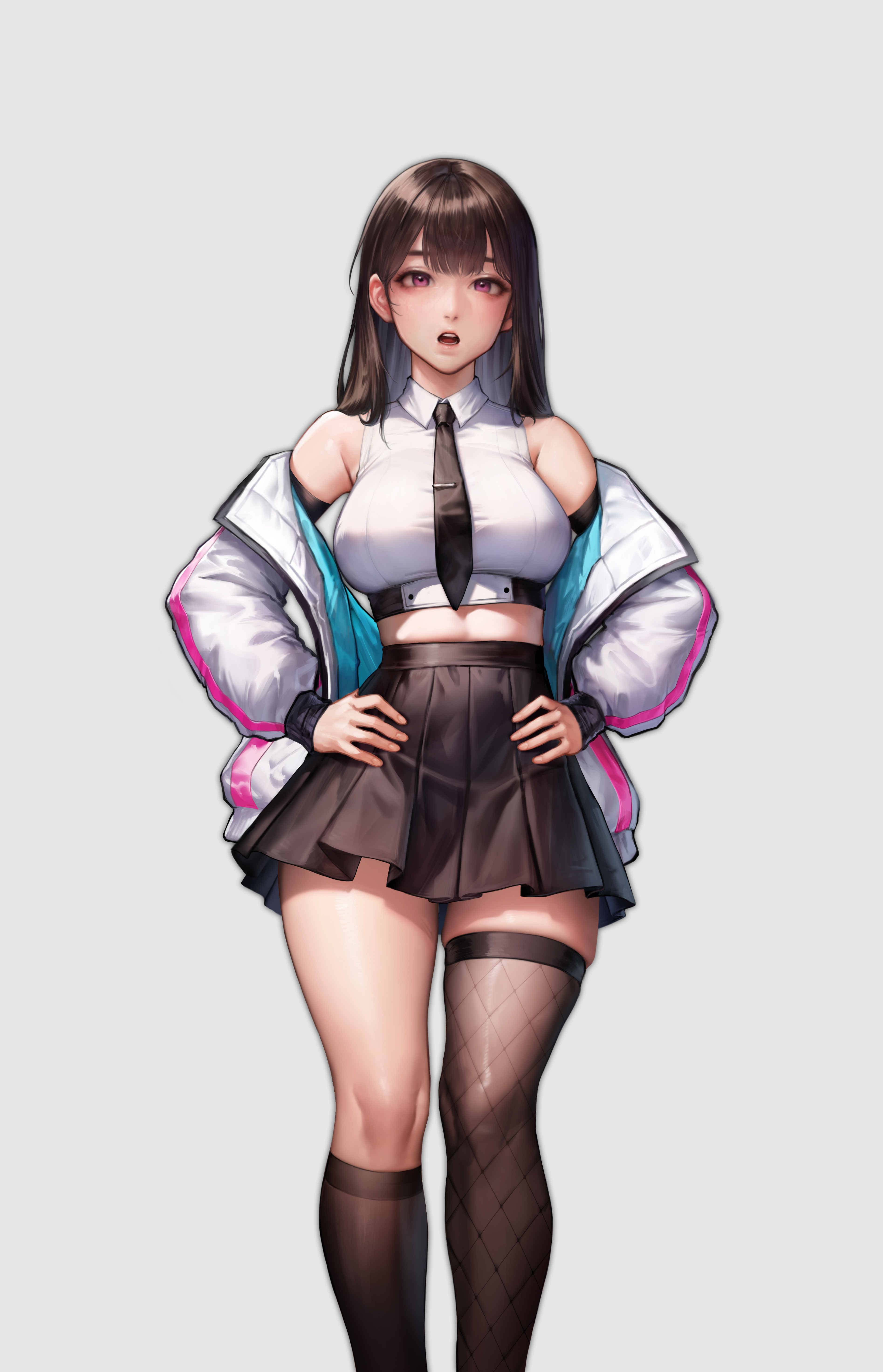 kidmo, absurdres, highres, asymmetrical footwear, black hair, black pantyhose, black skirt, fishnet pantyhose, fishnets, necktie, pantyhose, purple eyes, skirt