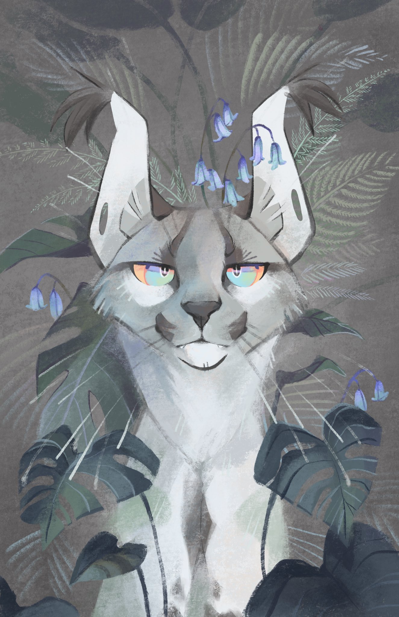 original, commentary, highres, symbol-only commentary, animal, animal focus, aqua eyes, artist self-insert, blue flower, bluebell (flower), caracal, colored sclera, ear tufts, finchwing, finchwing (character), flower, grey fur, leaf, looking at viewer, no humans, upper body, whiskers, yellow sclera