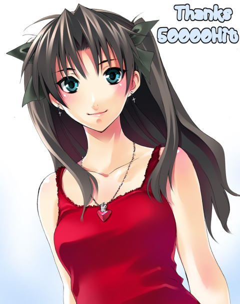 azu, tohsaka rin, fate/stay night, fate (series), 00s, 1girl, black hair, blue eyes, blush, brown hair, cross, cross earrings, earrings, female focus, hair ribbon, jewelry, latin cross, long hair, milestone celebration, necklace, pendant, ribbon, sleeveless, smile, solo, tank top, twintails, two side up