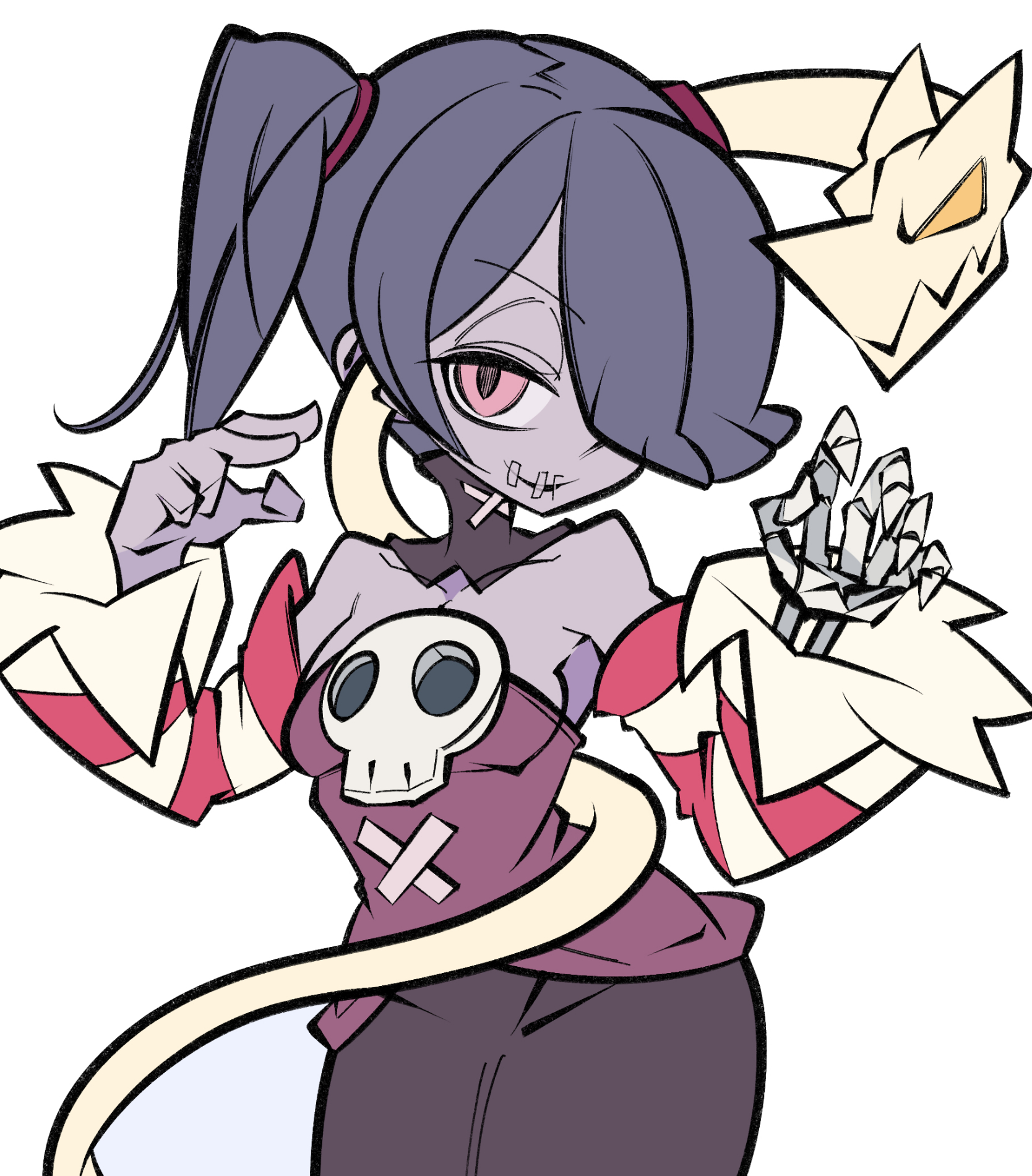 cxdotchison, leviathan (skullgirls), squigly (skullgirls), skullgirls, 1girl, colored skin, detached collar, detached sleeves, dress, facing viewer, hair over one eye, hands up, looking to the side, purple hair, purple skin, red eyes, side ponytail, skeletal arm, smile, solo, stitched mouth, stitches, striped sleeves, white background, zombie