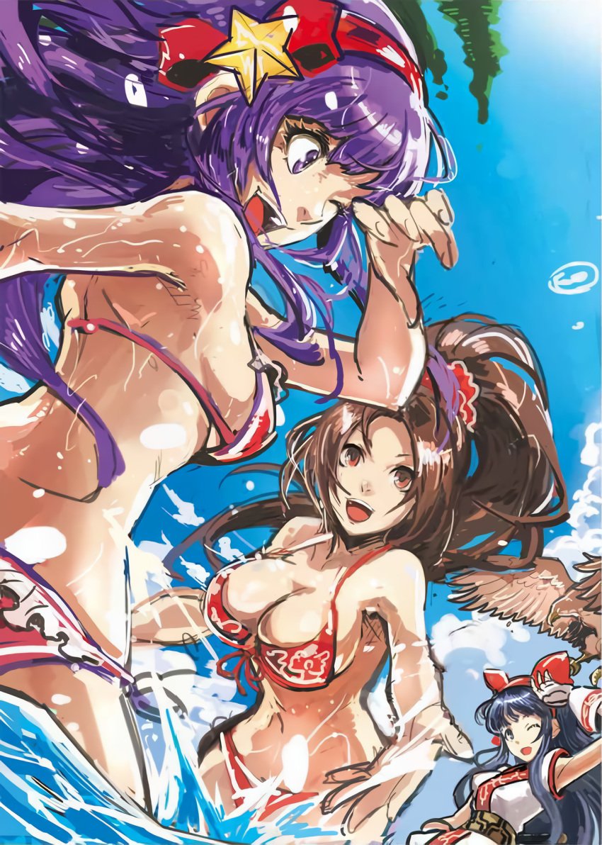 asamiya athena, nakoruru, shiranui mai, fatal fury, psycho soldier, snk, the king of fighters, beach, bikini, hair ornament, red bikini, star (symbol), star hair ornament, swimsuit, water