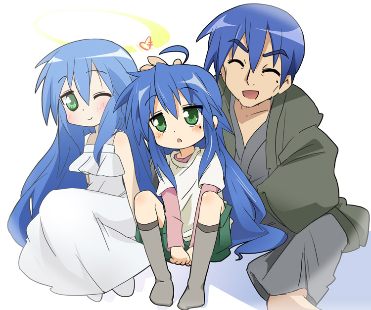 ixy, izumi kanata, izumi konata, izumi soujirou, lucky star, 00s, 1boy, 2girls, :<, age difference, ahoge, bare shoulders, black socks, blue hair, blush, dress, family, father and daughter, ghost, green eyes, halo, heart, kneehighs, long hair, mole, mole under eye, mother and daughter, multiple girls, one eye closed, robe, shorts, sitting, smile, socks, triangle mouth, wink