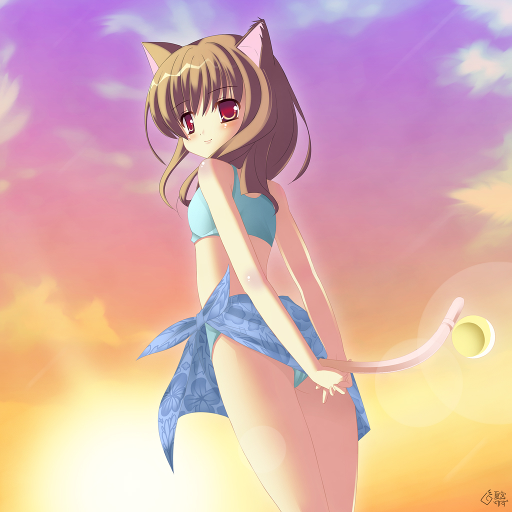 natsumiya yuzu, original, 1girl, animal ears, bikini, cat ears, cat tail, female focus, floral print, sarong, sky, solo, swimsuit, tail