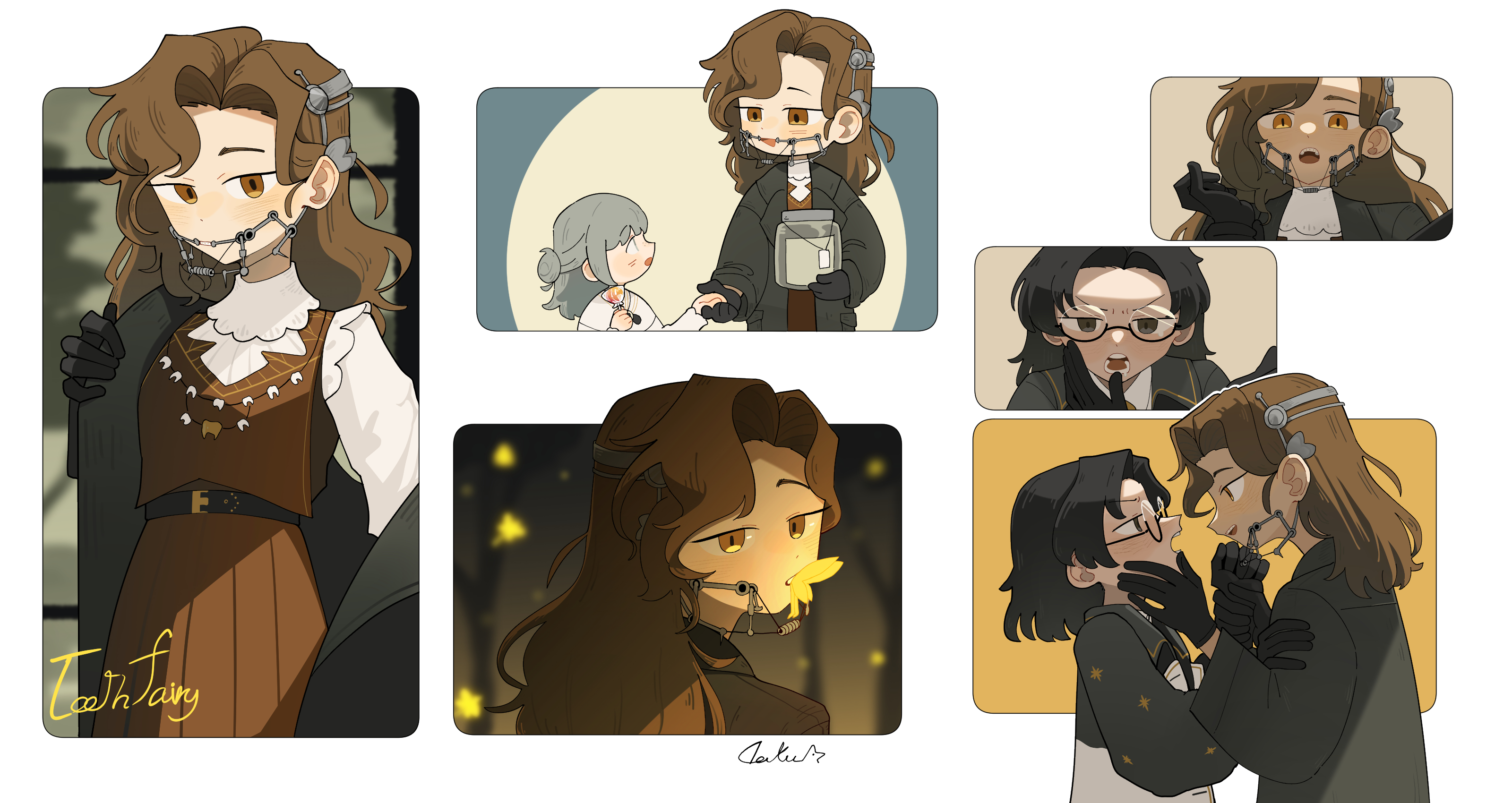 daku k, tooth fairy (reverse:1999), vertin (reverse:1999), z (reverse:1999), reverse:1999, absurdres, highres, 3girls, aged down, black eyes, black gloves, black hair, braces, brown eyes, brown hair, coat, dress, eye contact, glasses, gloves, grey coat, grey eyes, grey hair, hair bun, hand on another's cheek, hand on another's face, holding, holding jar, jar, jewelry, long hair, looking at another, looking at viewer, medium hair, multiple girls, multiple views, necklace, open mouth, red dress, shirt, short hair, single side bun, sleeveless, sleeveless dress, tooth necklace, undressing, v-shaped eyebrows, white shirt